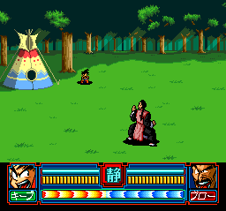 Dragon Ball Z: Idainaru Son Gokū Densetsu (TurboGrafx CD) screenshot: Battle outside a tent. Note the depth perspective