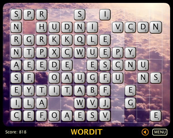 WordIt (Browser) screenshot: Time challenge: As the board fills up, forming valid words becomes harder.