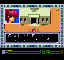 Exile (TurboGrafx CD) screenshot: Starting location. Dialogue boxes have pictures