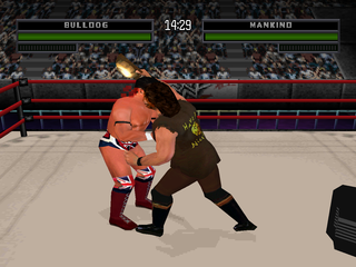 WWF War Zone (PlayStation) screenshot: Mankind hitting British Bulldog with a bell.