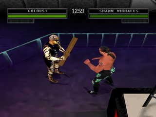 WWF War Zone (PlayStation) screenshot: Goldust armed with a 2-by-4.