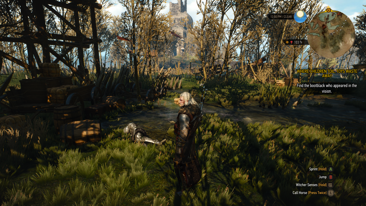 The Witcher 3: Wild Hunt (Xbox One) screenshot: Velen is a war-torn swamp, with corpses laying everywhere