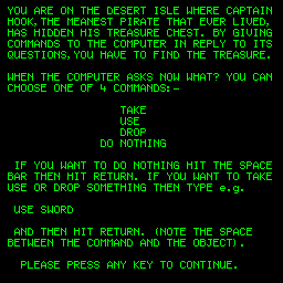 Treasure Island (Camputers Lynx) screenshot: Instructions, page 1