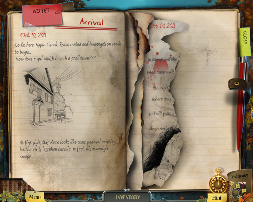 Enigmatis: The Ghosts of Maple Creek (Windows) screenshot: Looking at my notebook that I recovered