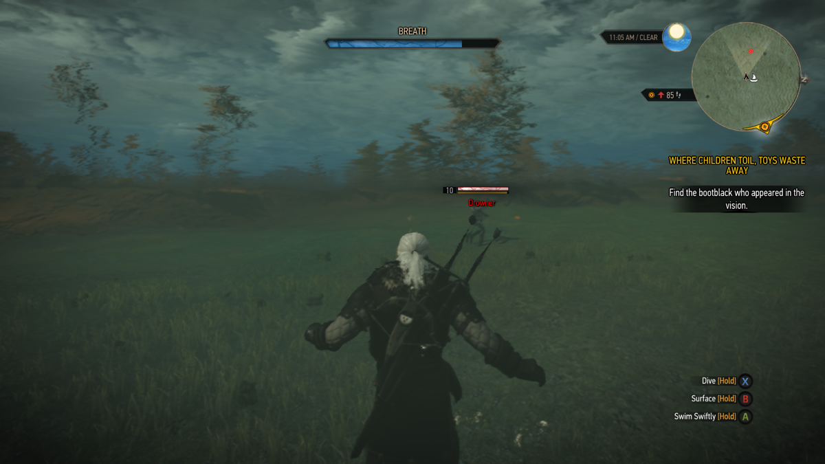 The Witcher 3: Wild Hunt (Xbox One) screenshot: Geralt can also swim underwater, but may also encounter enemies there, like this Drowner