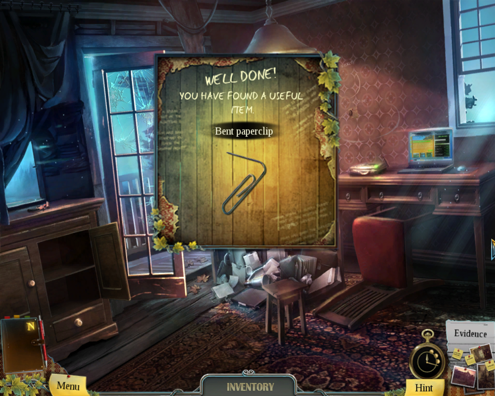 Enigmatis: The Ghosts of Maple Creek (Windows) screenshot: After I searched the hidden object area, I found a bent paperclip.