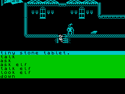 The Runes of Zendos (ZX Spectrum) screenshot: Missed something downstairs. When the player gets up or down the screen is scrolled in the respective direction.