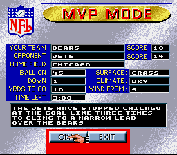 Capcom's MVP Football (SNES) screenshot: A game scenario in MVP mode