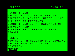 Wishbringer (TRS-80 CoCo) screenshot: Title and the starting location