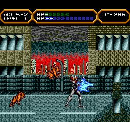 Valis IV (TurboGrafx CD) screenshot: Yay! Switching to the robot, attacking pesky demons in urban environment