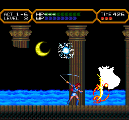 Valis IV (TurboGrafx CD) screenshot: Battle with a nice crescent on background