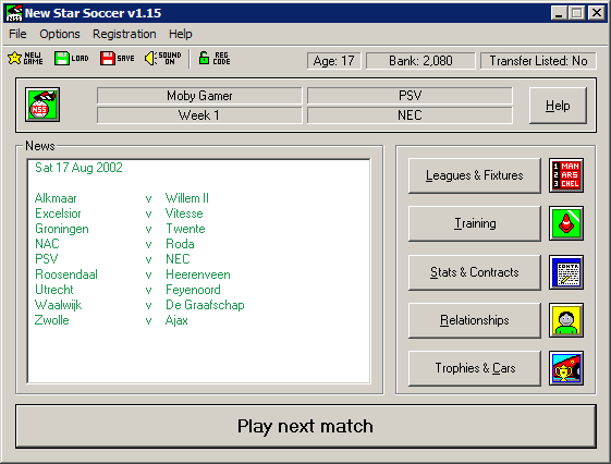 New Star Soccer (Windows) screenshot: A match is about to begin.