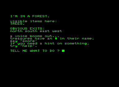 Adventureland (Commodore PET/CBM) screenshot: The player starts in a forest