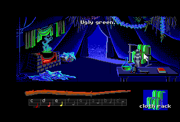 Loom (TurboGrafx CD) screenshot: Fool around with the clothes, coloring it green