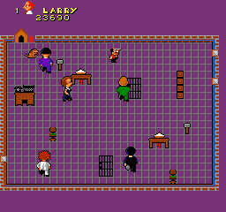 The Three Stooges in Brides is Brides (Arcade) screenshot: Later levels get more scenery, and it makes evading pies and hammers much more complicated.
