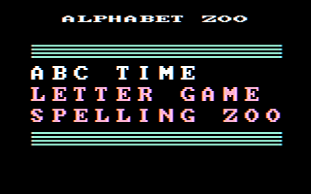 Alphabet Zoo (PC Booter) screenshot: Main menu (CGA, composite)