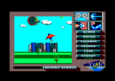 Superman: The Man of Steel (Amstrad CPC) screenshot: Para-demons appear from hole in the sky