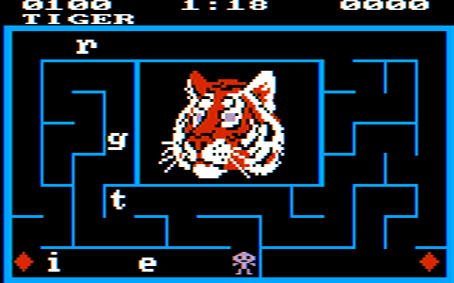 Alphabet Zoo (PC Booter) screenshot: Grabbed the tiger by the tail! (CGA, composite)