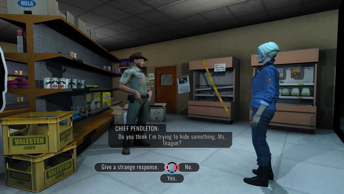 Knee Deep (PlayStation 4) screenshot: Chief Pendleton is definitely acting suspicious, but then again, so is everyone else in this town