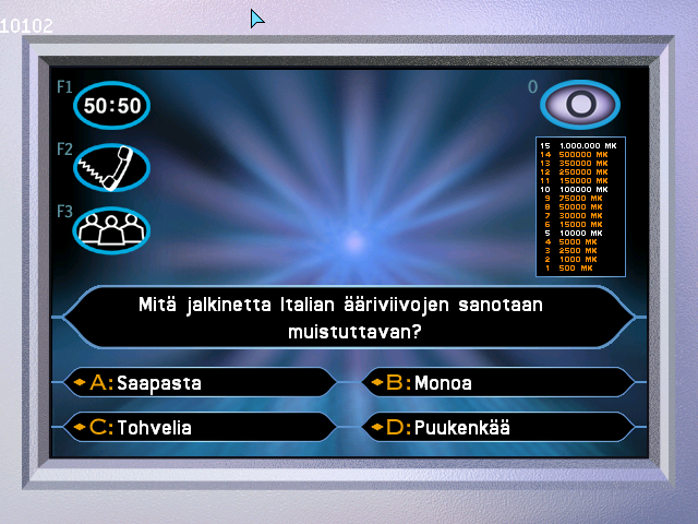 Who Wants to Be a Millionaire (Windows) screenshot: First question (Finnish version)