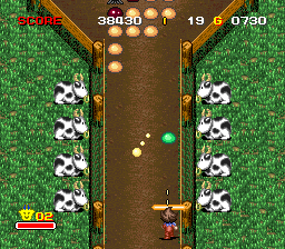 Zig Zag Cat: Dachō Club mo Oosawagi da (SNES) screenshot: Level 3 moves into the pastures