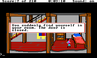 King's Quest III: To Heir is Human (TRS-80 CoCo) screenshot: If you don't do what the wizard says, he locks you in your room