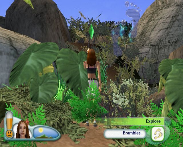 The Sims 2: Castaway (PlayStation 2) screenshot: The big silver rotating feet indicate a portal that the Sim can explore. Exploration is not possible until the Sim has mastered basic survival skills