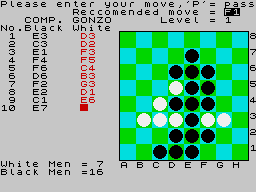 ZX Reversi (ZX Spectrum) screenshot: Hard situation for me (white pawns)