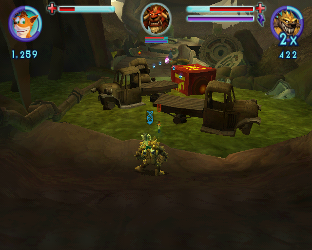 Crash: Mind over Mutant (PlayStation 2) screenshot: The green goo does damage to everyone but one mutant