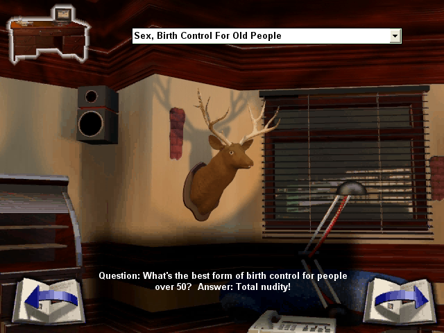 Private Investigator (Windows) screenshot: The moose head in the office cracks silly jokes