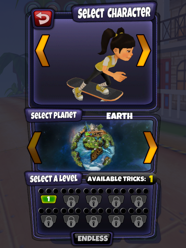 Grom Skate (iPad) screenshot: Select your character, your planet, and your level.