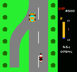 MotoRace USA (NES) screenshot: Running out of fuel