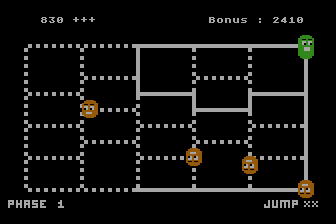 Time Runner (Atari 8-bit) screenshot: Run over all the dotted lines in each level.