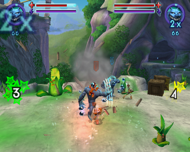 Crash: Mind over Mutant (PlayStation 2) screenshot: Crash and Carbon Crash on mutants causing havoc