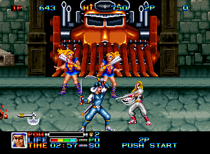 Ninja Combat (Neo Geo) screenshot: Level 2's midboss. Watch out for those guards of hers!