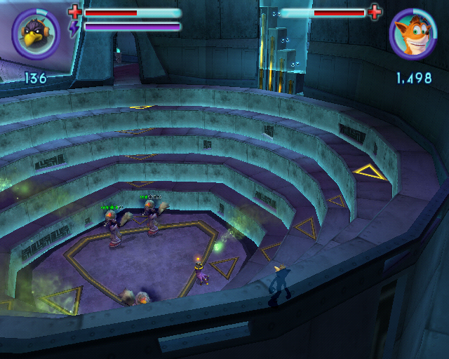 Crash: Mind over Mutant (PlayStation 2) screenshot: Fighting some shooting mutants