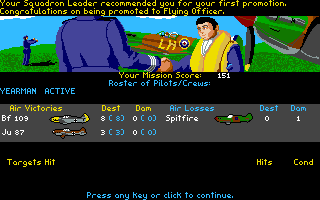 Their Finest Hour: The Battle of Britain (Amiga) screenshot: A Royal Air Force pilot has been promoted to Flying Officer.