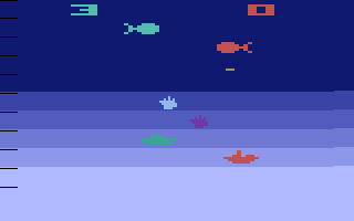 Air-Sea Battle (Atari 2600) screenshot: Bombing the numerous boats from above