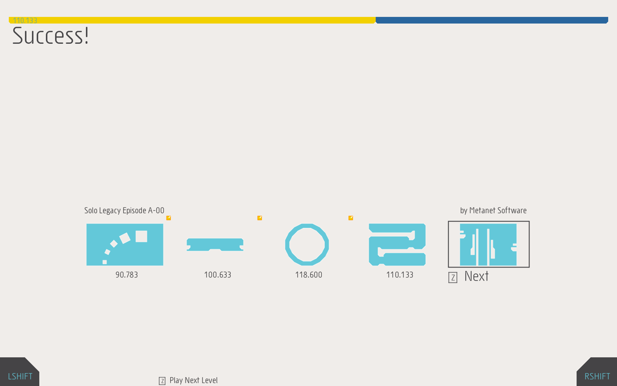 N++ (Windows) screenshot: Progress for the five levels in a single episode