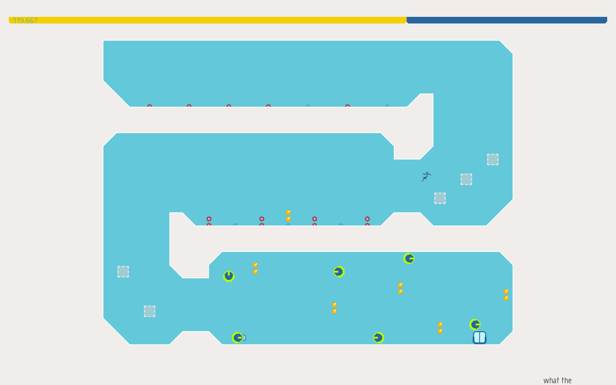 N++ (Windows) screenshot: A level with gold, obstacles and enemies