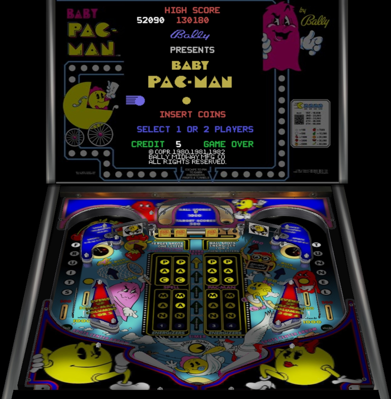 Baby Pac-Man (Arcade) screenshot: Not the real machine. The arcade computer inside a pinball simulator (VPinball 9 with VPinMAME)