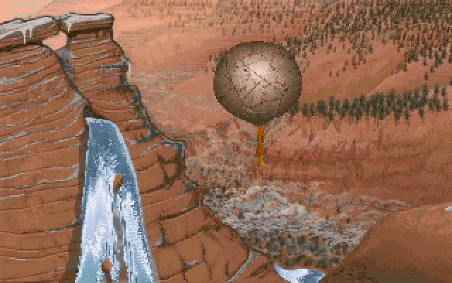 Return to Ringworld (DOS) screenshot: Landing near forest (cutscene)