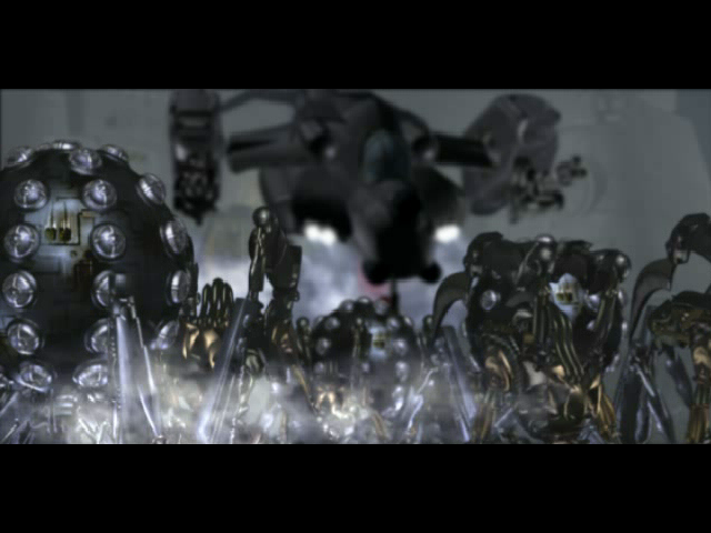 Atrox (Windows) screenshot: Intro cinematic: The dropship is surrounded by Intellion forces.