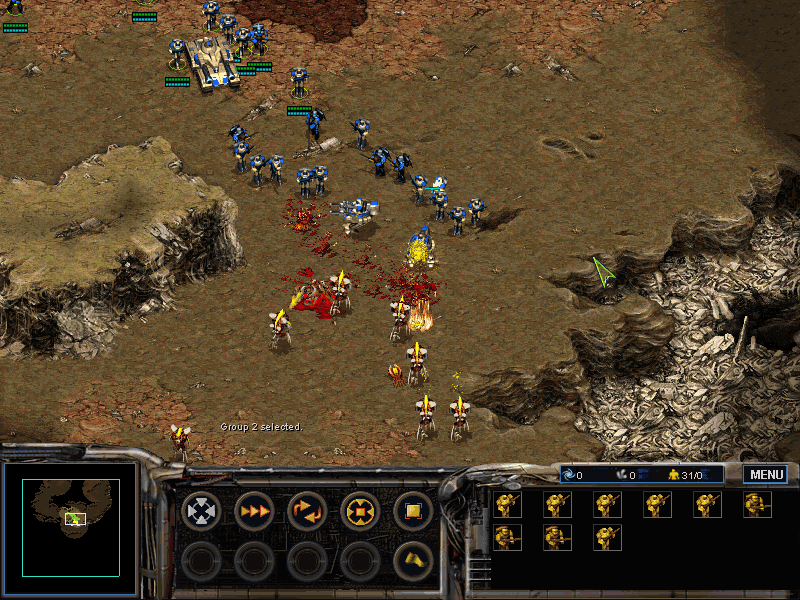 Atrox (Windows) screenshot: Hominian forces engage a large group of Createse.
