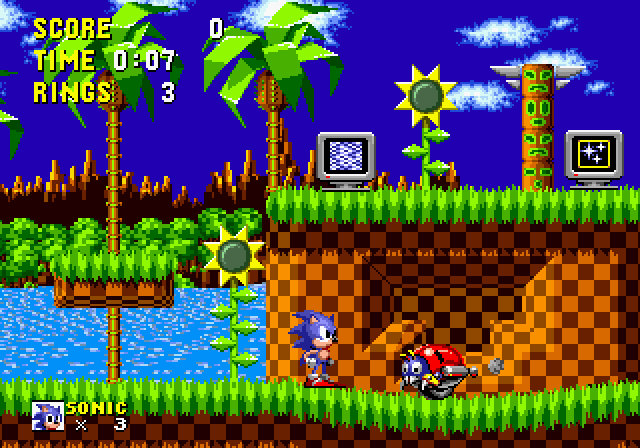 Sonic Jam (SEGA Saturn) screenshot: Sonic The Hedgehog Easy Mode with extra platform and item box.