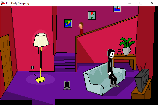 I'm Only Sleeping (Windows) screenshot: Simon is descending to Grim Reaper, who's watching a TV set