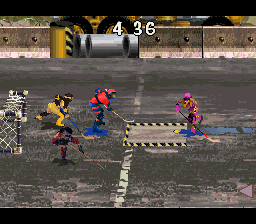 Street Hockey '95 (SNES) screenshot: Some arenas have obstacles