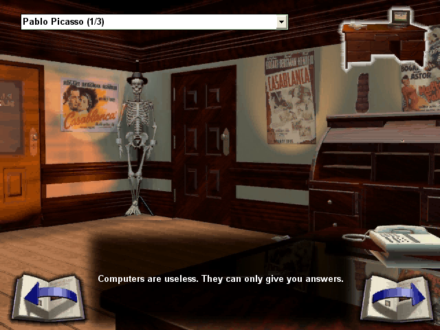 Private Investigator (Windows) screenshot: The skeleton shouts famous (and not so much) quotes