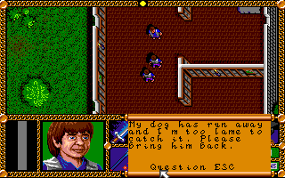 J.R.R. Tolkien's The Lord of the Rings, Vol. I (Amiga) screenshot: The owner needs help recovering his dog.