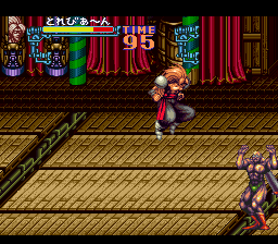 Gourmet Warriors (SNES) screenshot: When he's not dancing in his flippers, this enemy is firing up rockets on his back and tackling you.